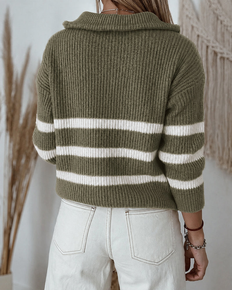Women's Half Zip Striped Sweater Colorblock Turn-down Collar Knit Pullover Drop Shoulder Loose Fit Top
