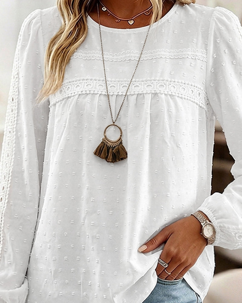Women's Hollow-Out Lace Spliced Lantern Sleeve Top Elegant 3D Jacquard Chiffon Blouse for Work and Daily Wear