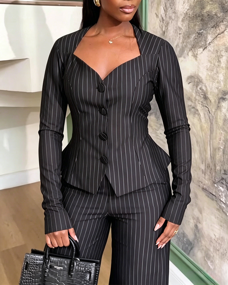 Women's 2 Piece Stripe Suit Elegant Sweetheart Neck Peplum Blazer and High Waisted Wide Leg Pants Business Outfits
