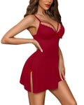 CHICME ESSENCE Women’s Lace Up Babydoll Lingerie Sheer Mesh V Neck Spaghetti Strap Backless Sleepwear Nightdress