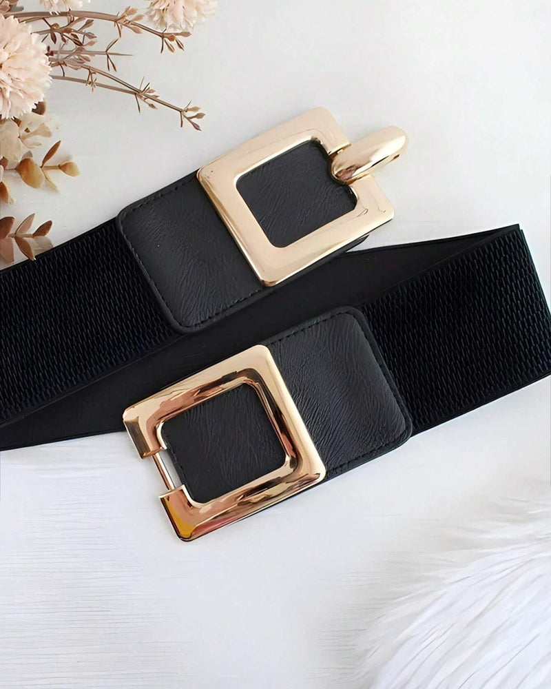 Wide Elastic Belt Fashion Square Gold Buckle Stretch Dress Belt Waistband