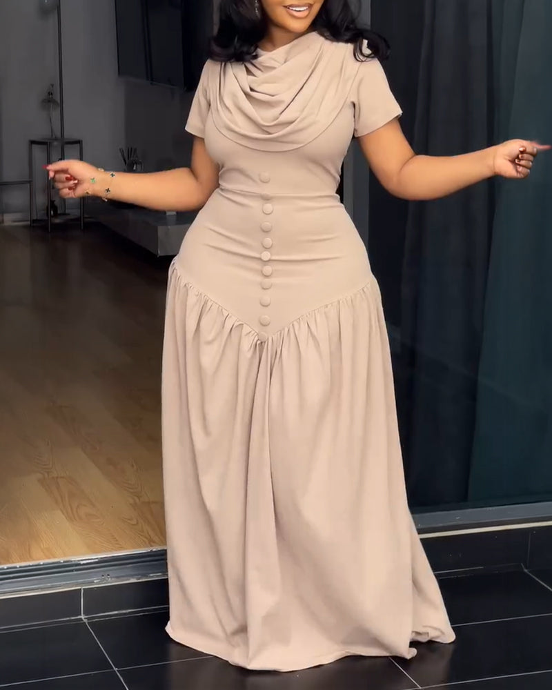 Single Breasted Decor Cowl Neck Short Sleeve Cinched Waist Maxi Dress Elegant Zipper Back Ruched Party Dress