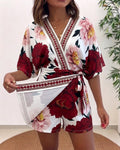Women's Bohemian Floral Print V-Neck Romper Batwing Sleeve Wrap Knot Side High Waist Short Jumpsuit