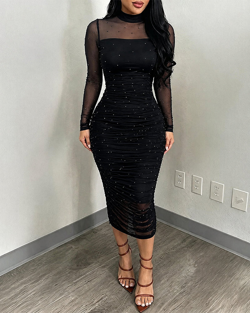 Women's 2 Piece Set Mock Neck Ruched Slit Beaded Mesh Dress and Strapless Slip Dress with Detachable Clear Straps