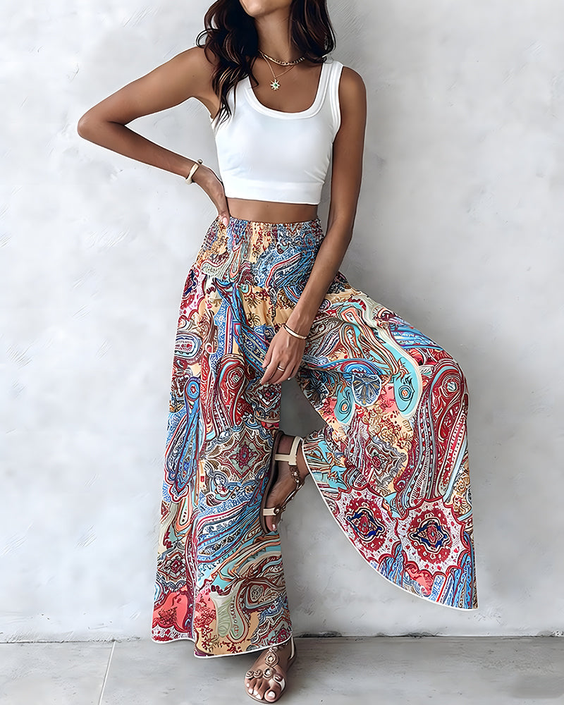 CHICME Women's Vintage Print Wide Leg Pants High Waisted Shirred Waist A-Line Trousers Flowy Boho Vacation Palazzo Pants