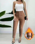 Elastic Waist Padded Stretch Slim Fit Calf Pants with Pocket