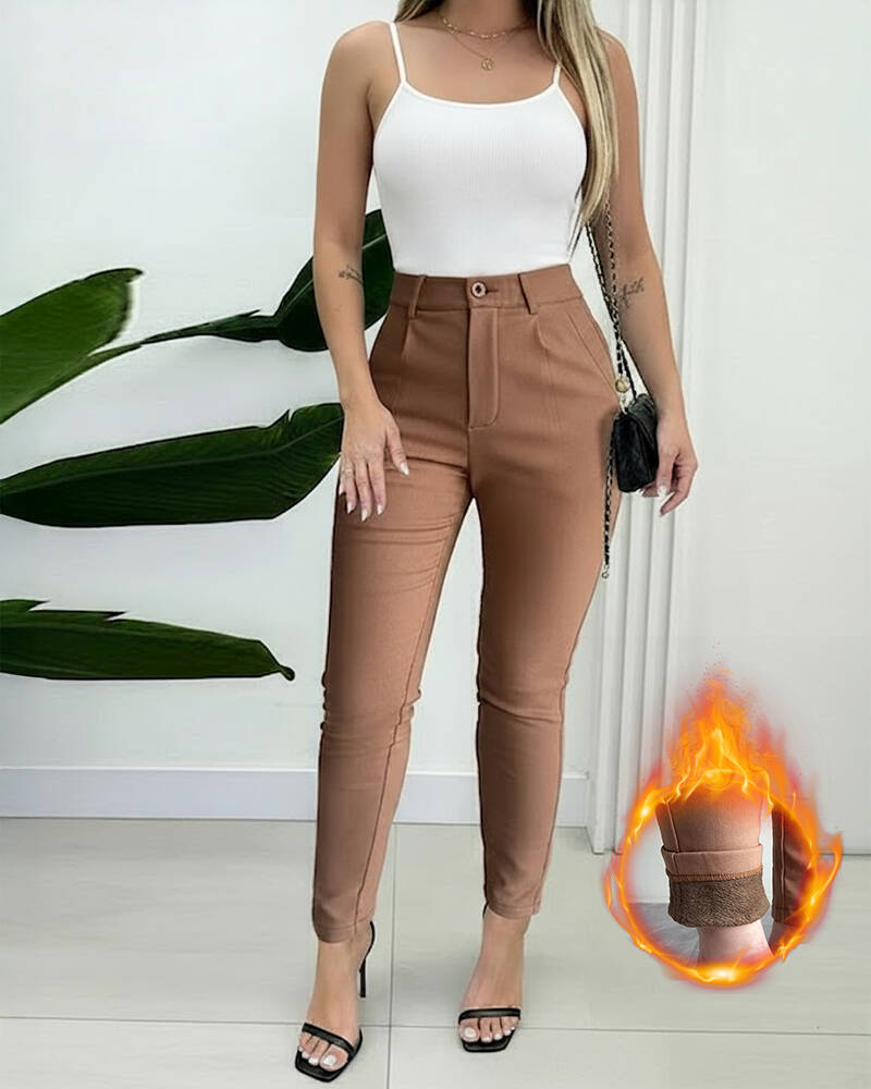 Elastic Waist Padded Stretch Slim Fit Calf Pants with Pocket