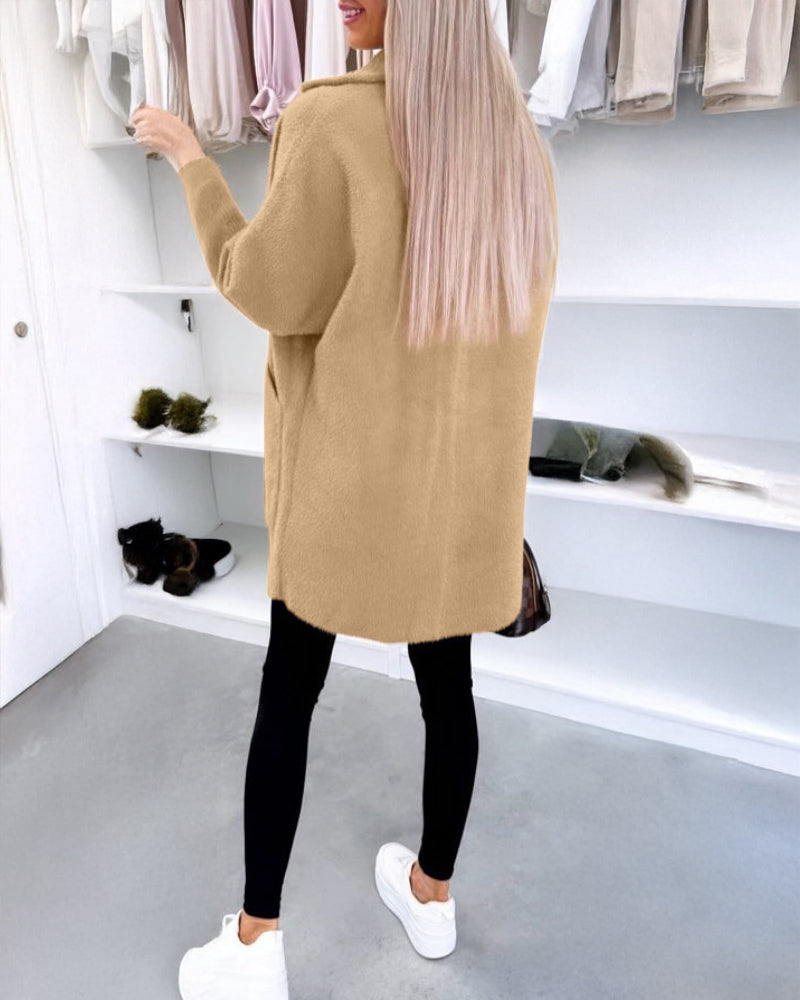 Notched Collar Long Sleeve Single Breasted Coat Casual Mid-legth Fuzzy Coat with Pockets