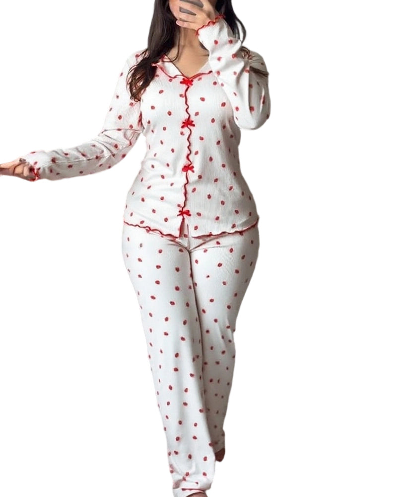 CHICME ESSENCE 2 Pieces Outfit Bowknot Decor Turn-down Collar V-Neck Top and Elastic Waist Slit Hem Pants Set Casual Strawberry Print Frill Trim Ribbed Pajamas Set
