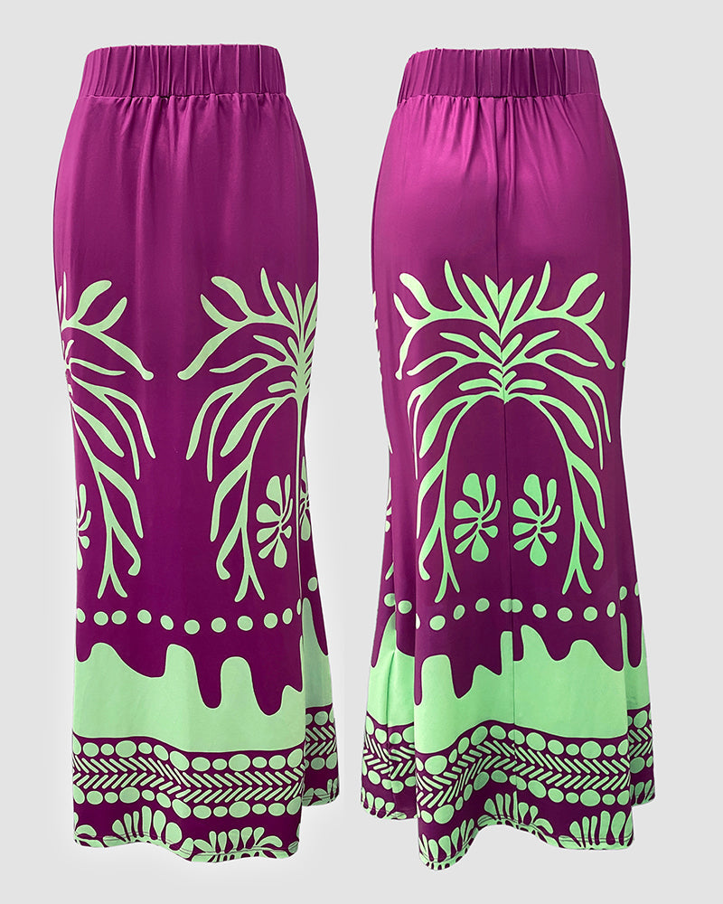 2 Pieces Outfit Skew Neck Lantern Sleeve Loose Fit Top and High Waist Elastic Waist Fishtail Maxi Skirt Set Casual Tropical Print Vacation Set