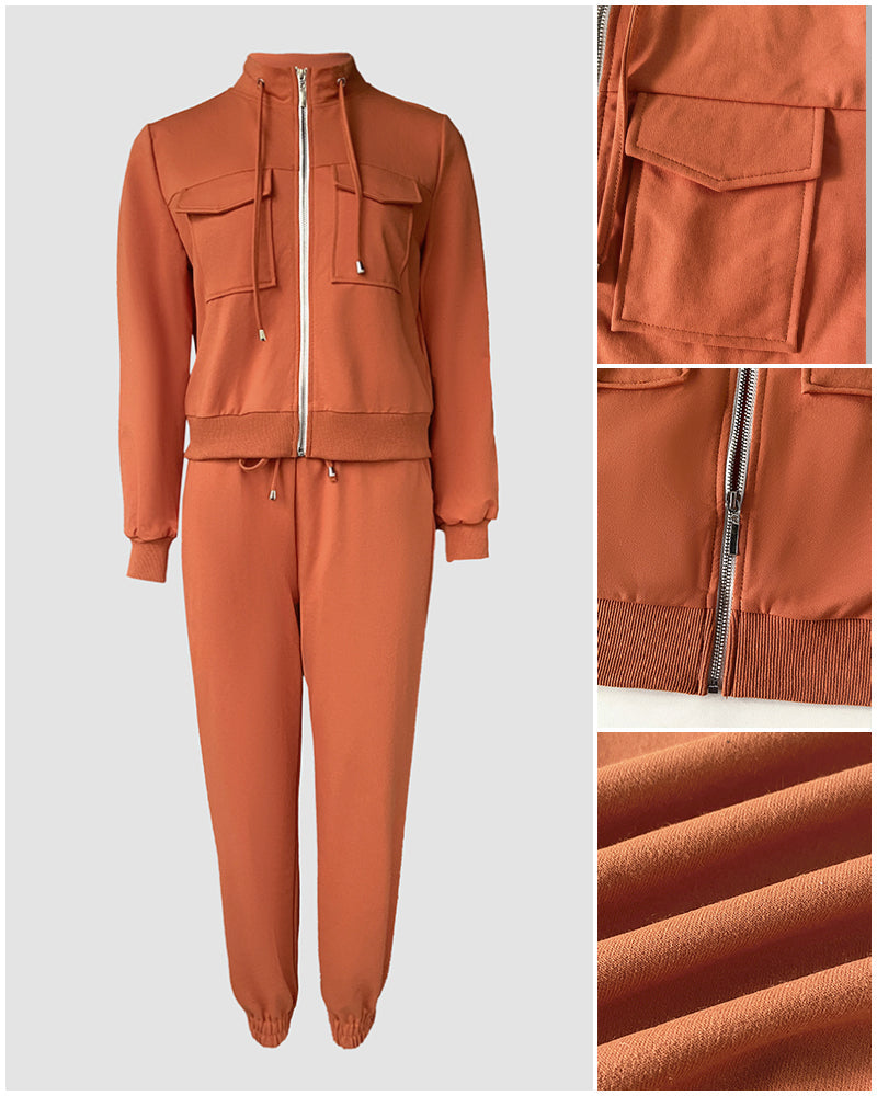 Stand Collar Long Sleeve Pocket Dec Zipper Top and Casual Elastic Waist Drawstring Pants Sets