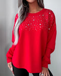 Women's Rhinestone Crewneck Sweatshirt Loose Drop Shoulder Pullover Top