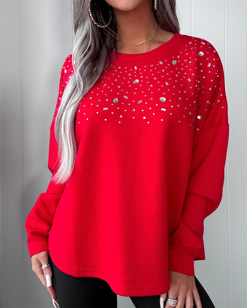 Women's Rhinestone Crewneck Sweatshirt Loose Drop Shoulder Pullover Top