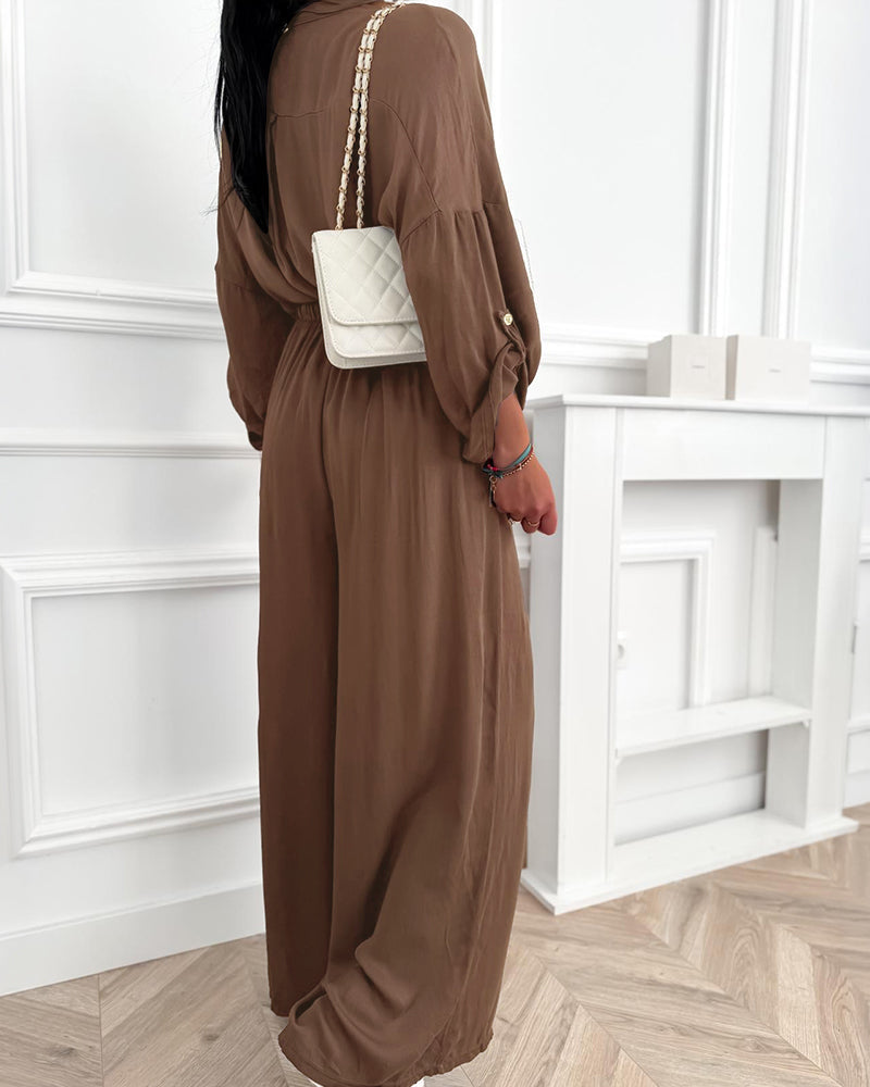 Women's 2 Piece Lounge Set Loose Roll Up Sleeve Button Down Shirt and High Waisted Wide Leg Pants Casual Outfits