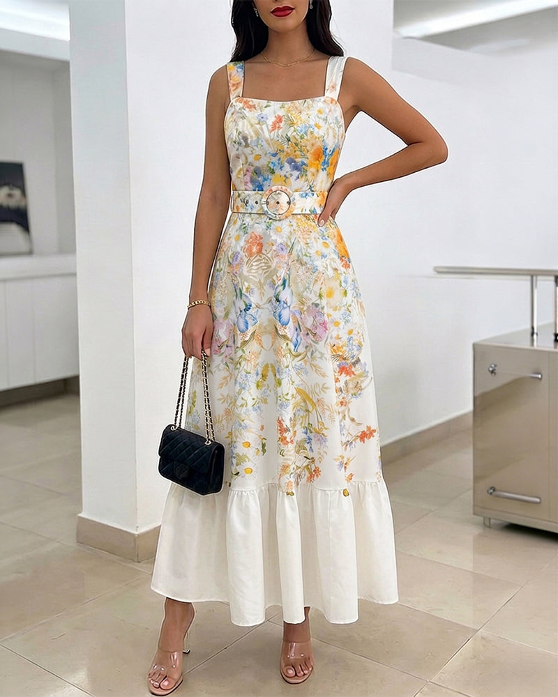 Women's Floral Maxi Dress Square Neck Sleeveless Ruffle Hem Sundress Backless Shirred Summer Vacation Dress with Belt