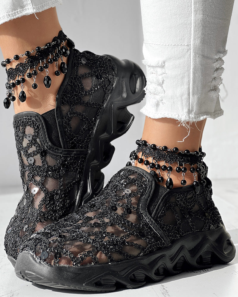 Contrast Sequin Sheer Mesh Patch Breathable Sneakers