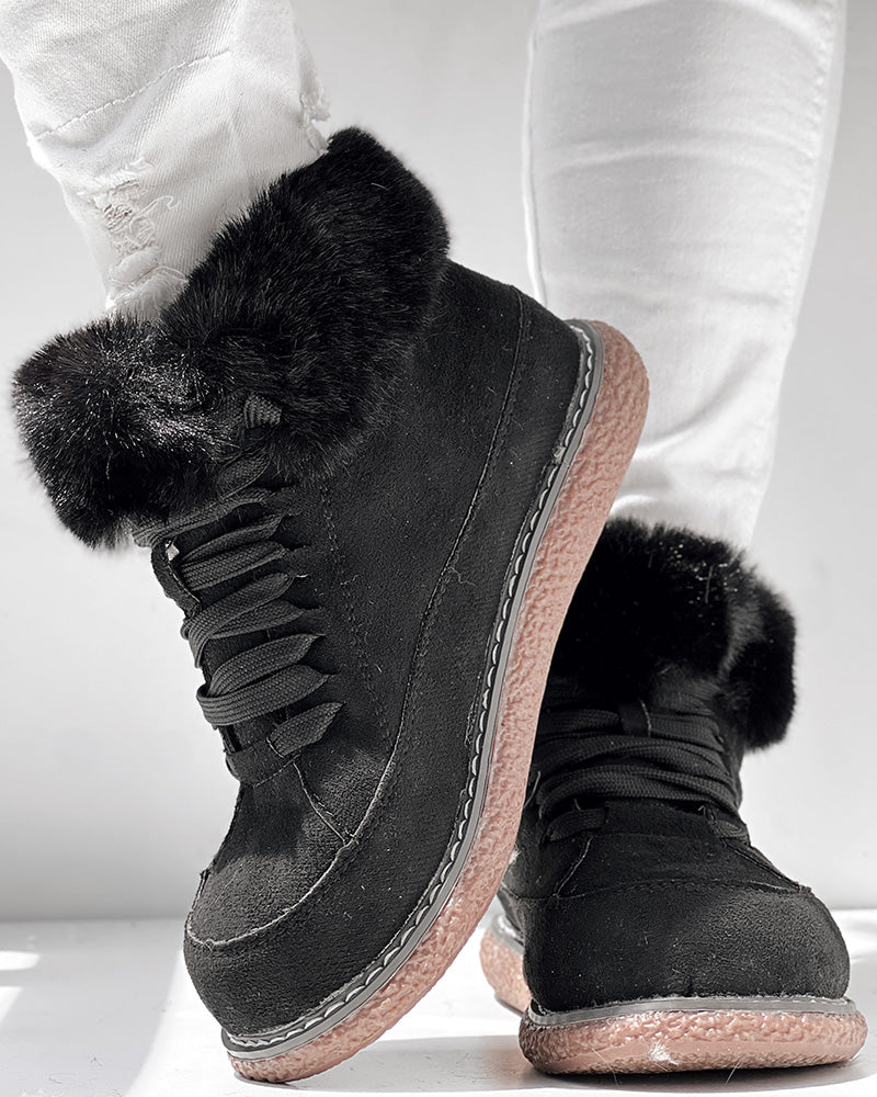 Fuzzy Detail Lined Lace-up Snow Boots