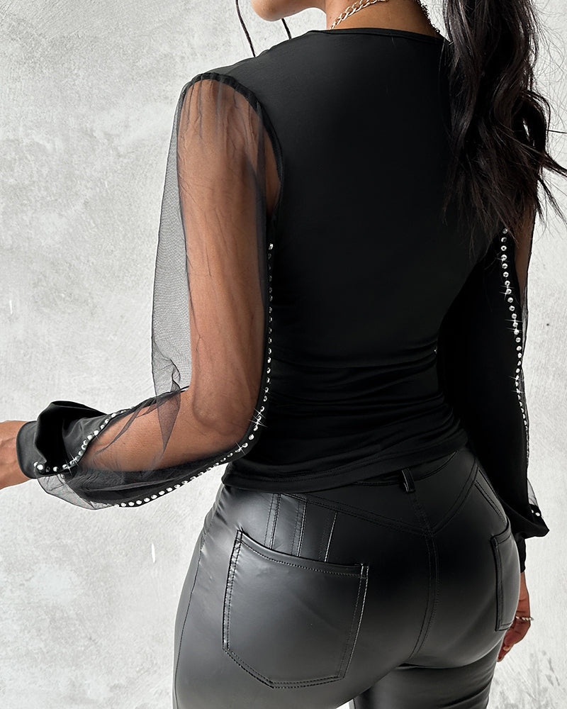 Women's Deep V Neck Ruched Top Mesh Lantern Sleeve Blouse Rhinestone Decor Slim Fit Pullover
