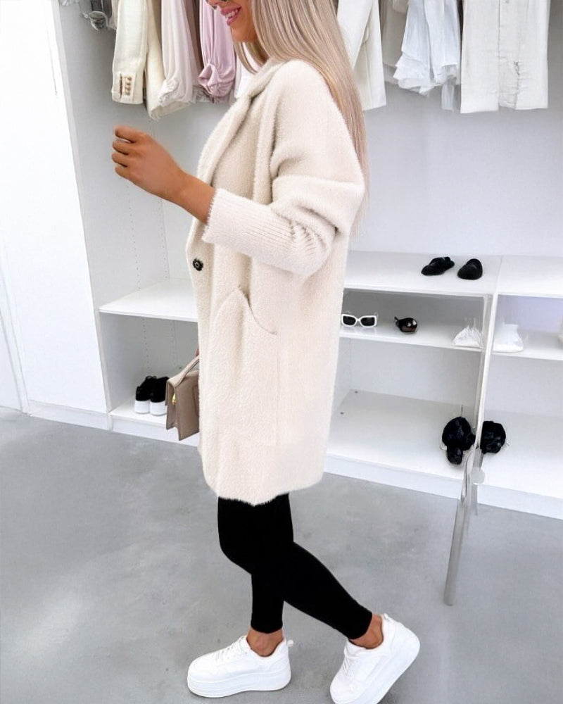 Notched Collar Long Sleeve Single Breasted Coat Casual Mid-legth Fuzzy Coat with Pockets