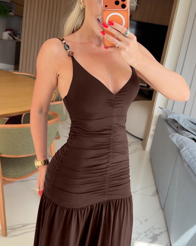Women's Beaded Strap Deep V Neck Maxi Dress Ruched Backless Flowy Party Dress
