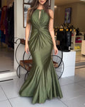 Women's Halter Tie Satin Maxi Dress Twist Front Cutout Backless Mermaid Cockail Dress Ruched Evening Party Dress