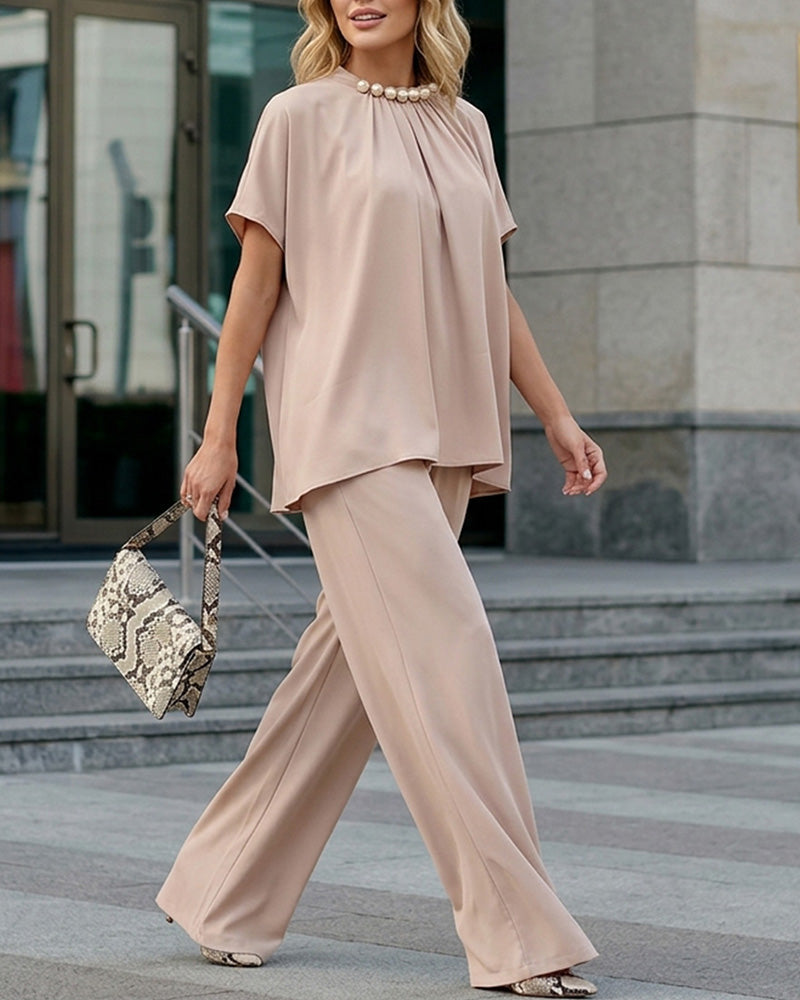 2 Pieces Outfit Elegant Pearl Embellished Split Sleeve Top and Casual Wide Leg Pants Set