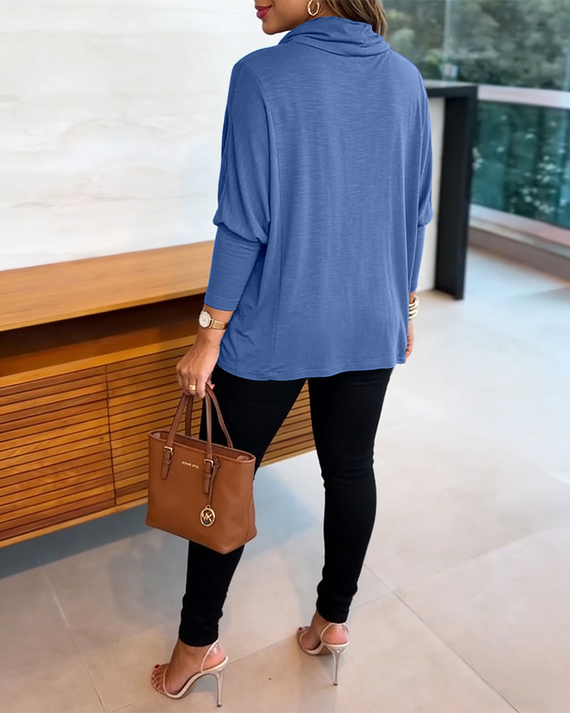 Women's Cowl Neck Batwing Sleeve Top Casual Long Sleeve Loose Pullover Comfortable Soft Drape Blouse
