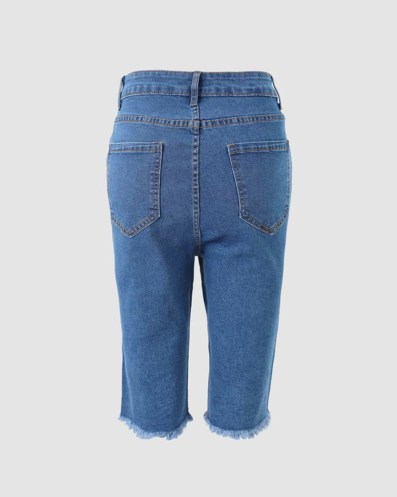 Women's Y2K Rhinestone Pearl Denim Bermuda Shorts Ripped Raw Hem Distressed Colorful Embellished Jean Shorts