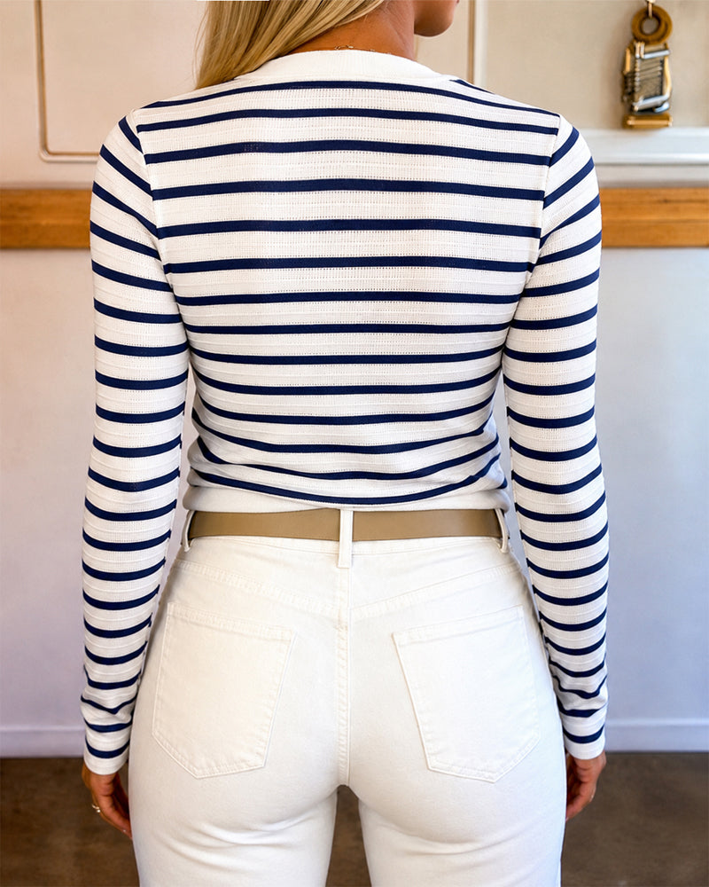 Women's Striped Crew Neck Knit Top Causal Gold Button Detail Long Sleeve Top