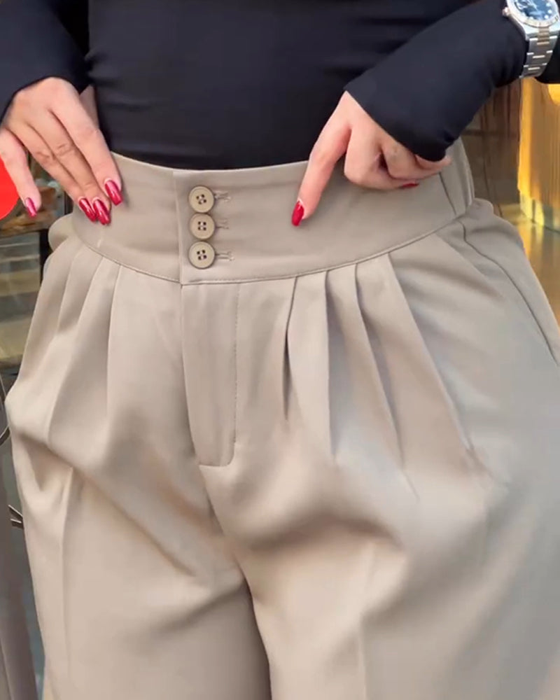 Stylish Plain High Waist Adjustable Button Pants Casual Back Shirred Wide Leg Pants with Pockets