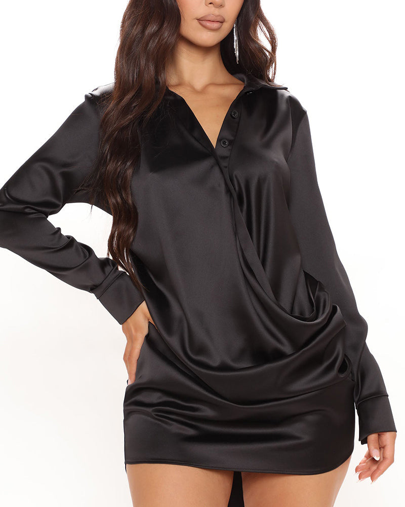 Women's Satin Shirt Dress V Neck Button Decor Mini Dress Ruched High Waist Dress