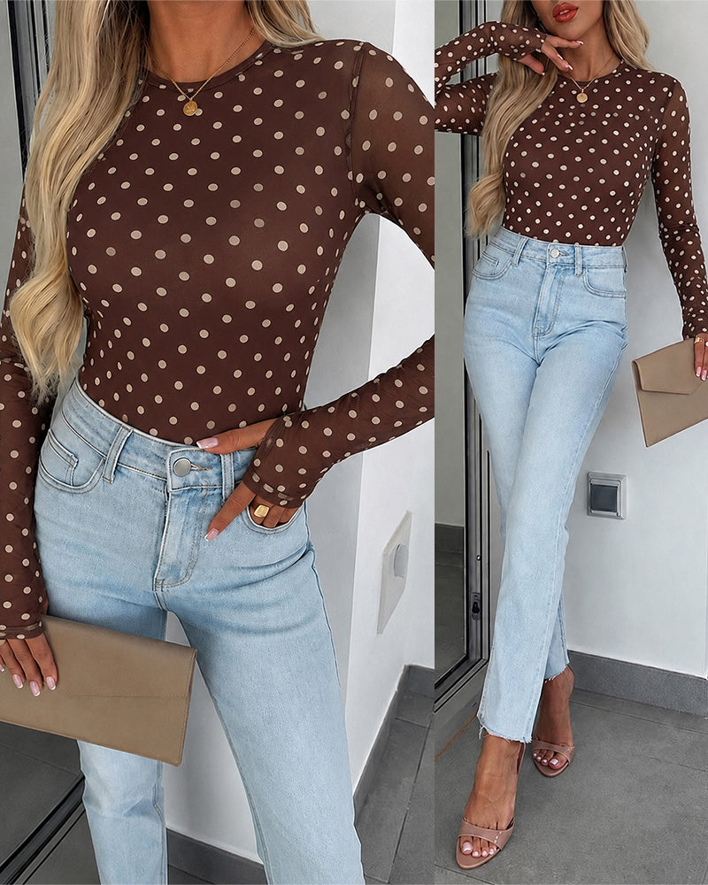 Women's Mesh Polka Dot Top Lined Sheer Long Sleeve Tee Crewneck Slim Fit Layering Under Base Top with Thumbholes