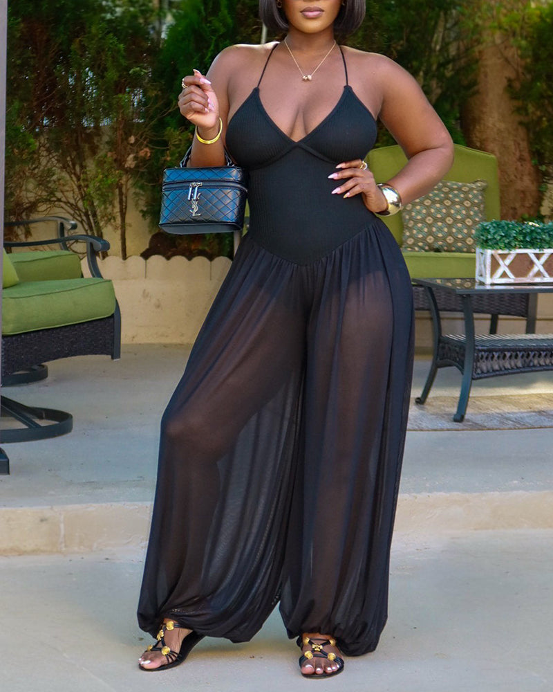 Women's V Neck Halter Backless Lace Up Lantern Jumpsuit Sexy Sheer Ruched Overalls