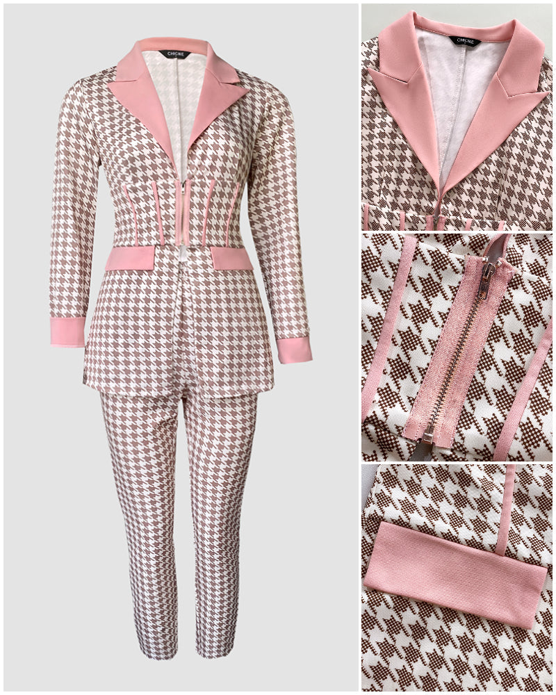 Houndstooth Print Notched Collar Zip Front Flap Detail Corset Slit Coat And Elastic Waist Slim Fit Pants Set Blazer Set