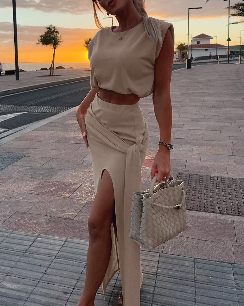 Women's Knit Two Piece Set Shoulder Pad Cap Sleeve Crop Top and Tied Detail High Slit Skirt Ribbed Matching Suit