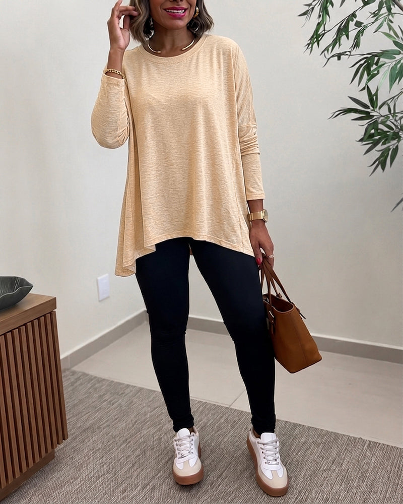 Women's Asymmetric Hem Long Sleeve Top Loose Fit Dropped Shoulder Crewneck Soft Slouchy Casual Tee