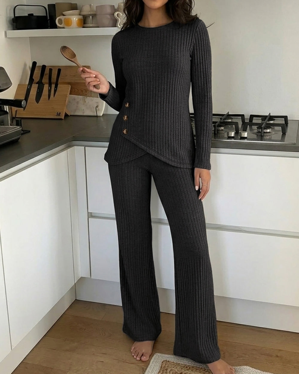 CHICME ESSENCE Womens 2 Piece Lounge Set Button Down Top Wide Leg Pants