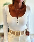 Women's U Neck Henley Tee Rib Knit Long Sleeve Slim Fit Basic Layering Top