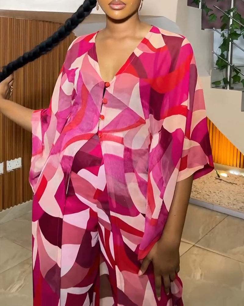Women's Colorblock Geometric Print 2 Piece Set Batwing Sleeve V Neck Slit Longline Kaftan Top and Wide Leg Pants Set