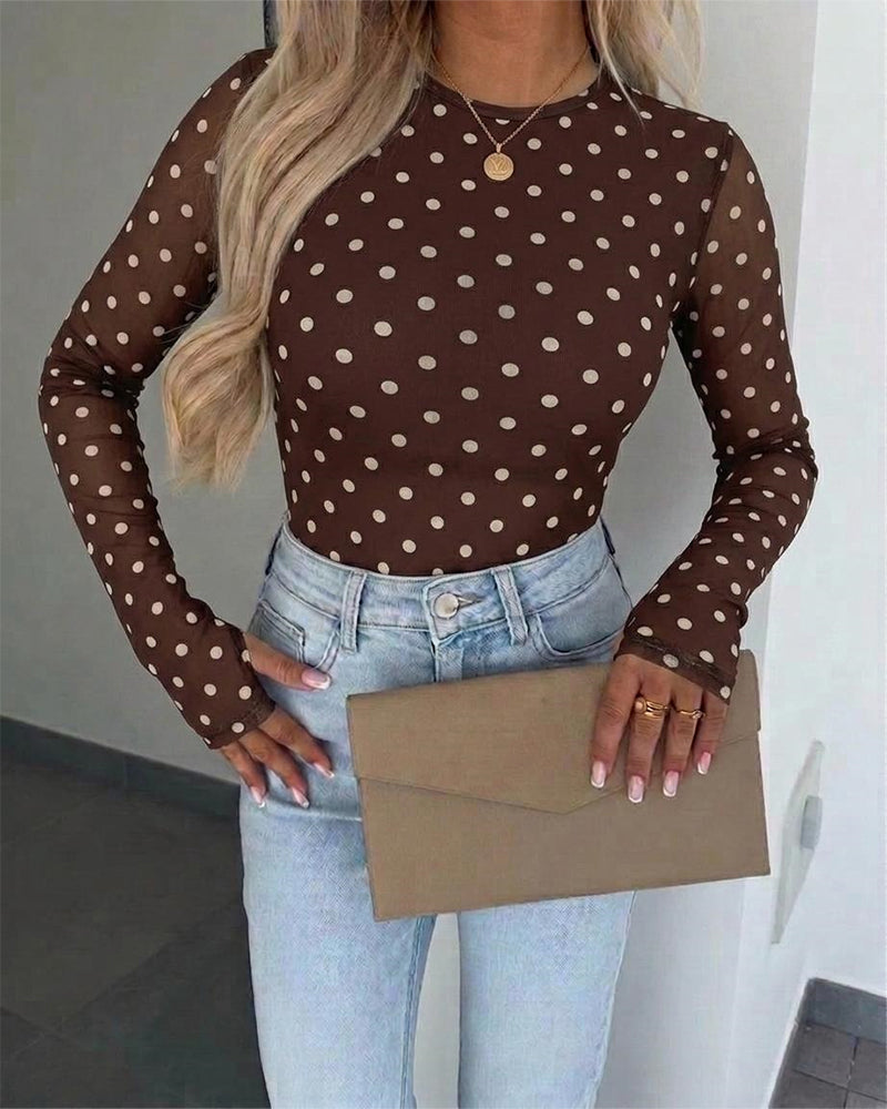 Women's Mesh Polka Dot Top Lined Sheer Long Sleeve Tee Crewneck Slim Fit Layering Under Base Top with Thumbholes