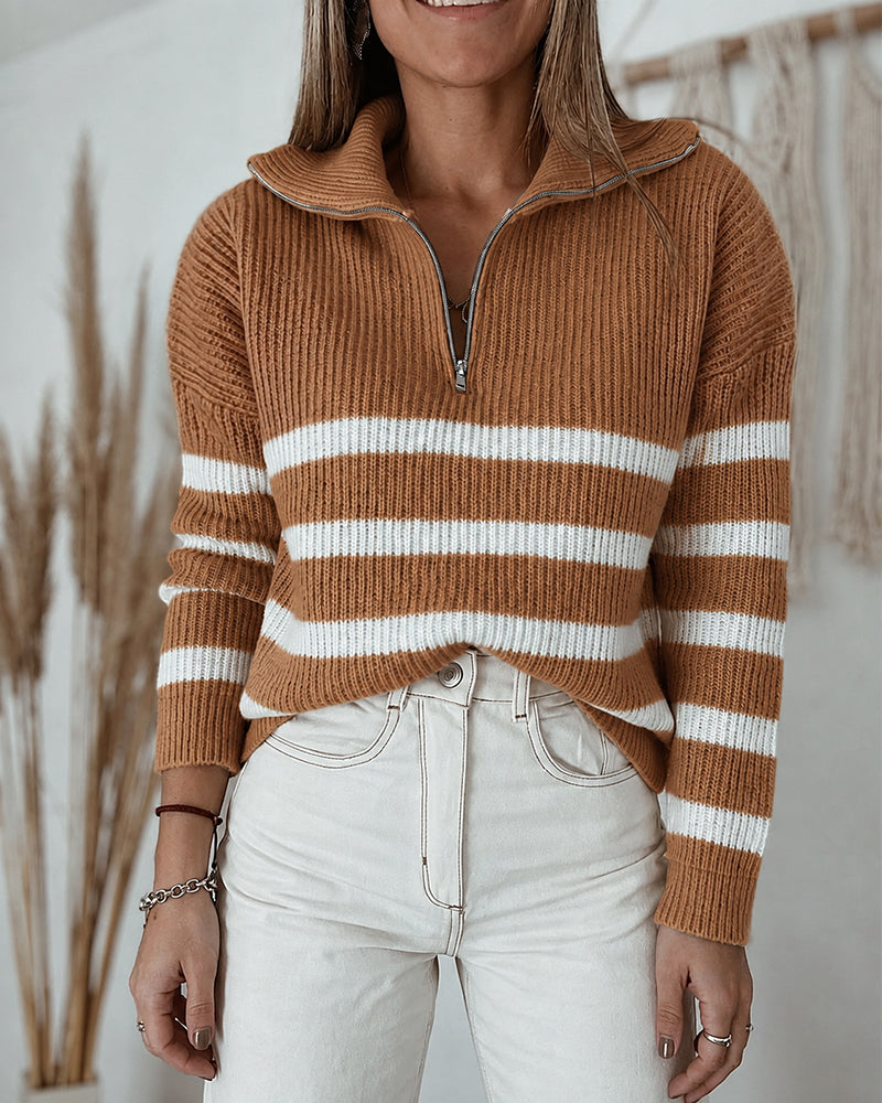 Women's Half Zip Striped Sweater Colorblock Turn-down Collar Knit Pullover Drop Shoulder Loose Fit Top
