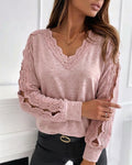 Women's Lace Patchwork V-Neck Top Hollow Out Drop Shoulder Long Sleeve Knit Pullover Elegant Loose Fit Casual Tee