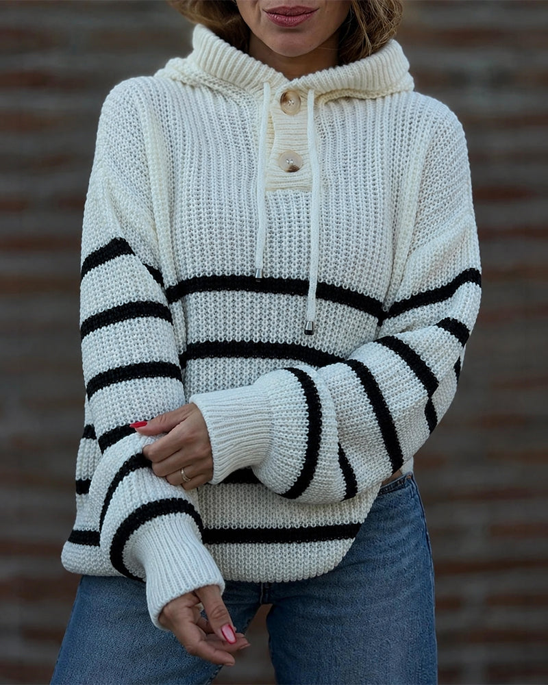 Women's Striped Henley Drawstring Hooded Sweater Loose Fit Lantern Sleeve Knit Pullover