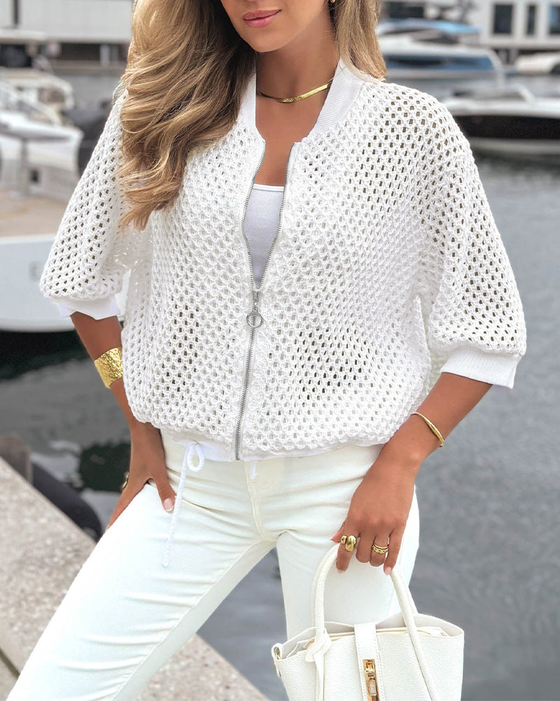 Women's Hollow Out Half Sleeve Knit Coat Baseball Collar Zipper Up Drawstring Hem Crop Jacket