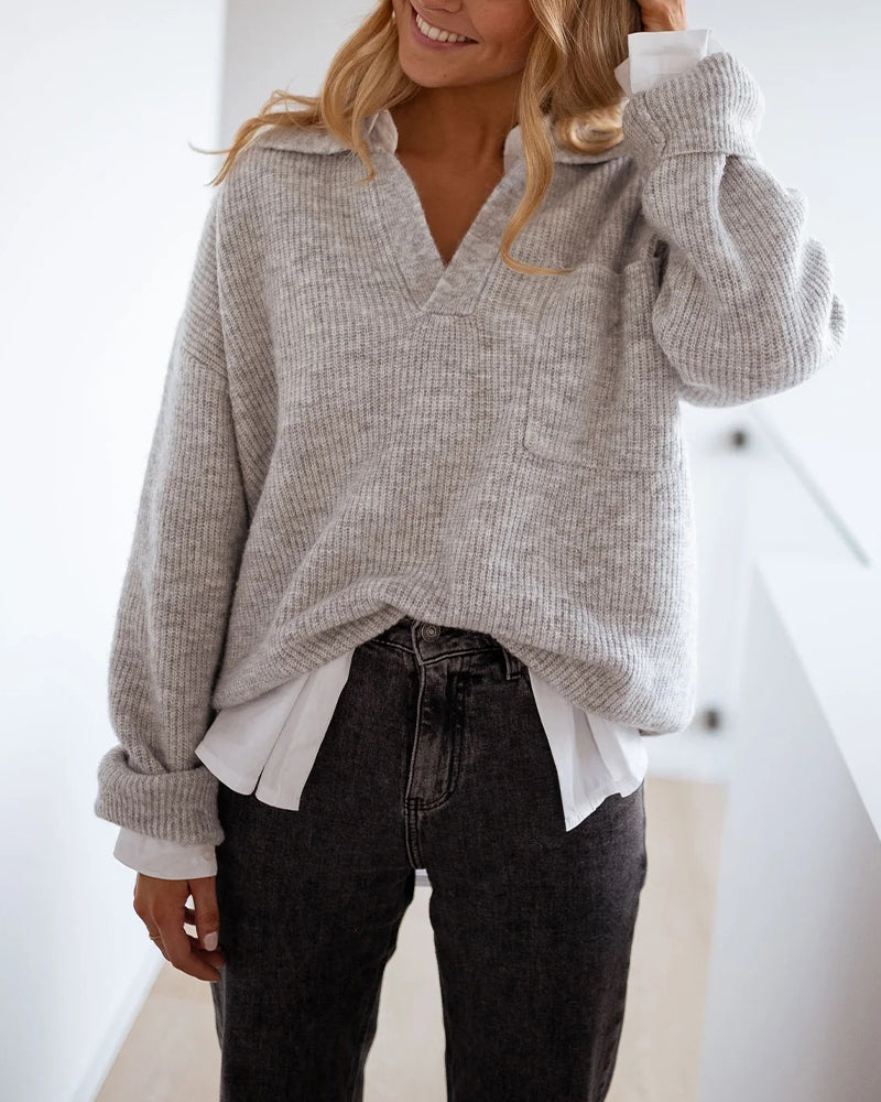 Women's Rib-Knit Polo Sweater V-Neck Collared Long Sleeve Pullover Loose Fit Drop Shoulder Top