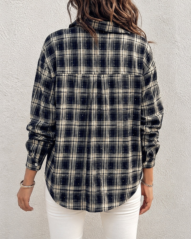 Women's Plaid Rhinestone Shirt Casual Drop Shoulder Button Down Blouse Vintage Long Sleeve Top