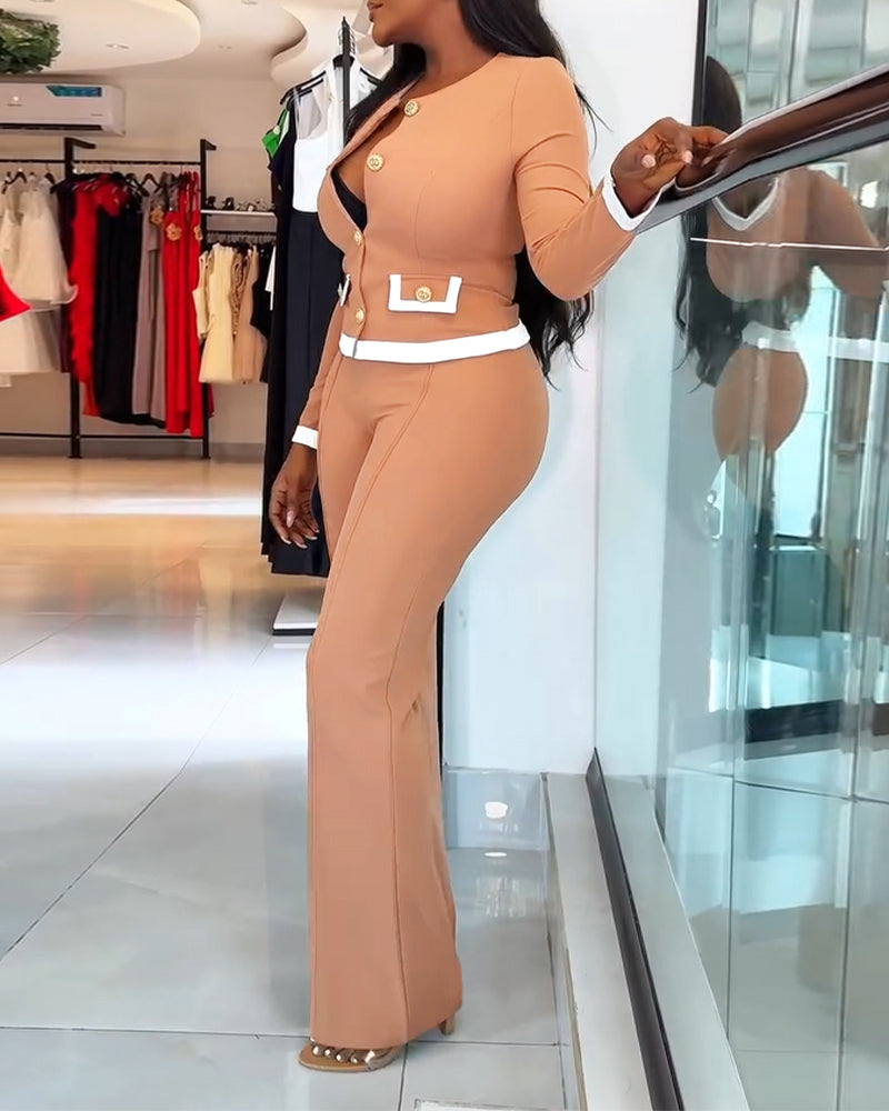 2 Pieces Outfit Contrast Paneled Single Breasted Flap Detail Crop Top and Elastic Waist Seam Front High Waist Pants Set Casual Commuting Set
