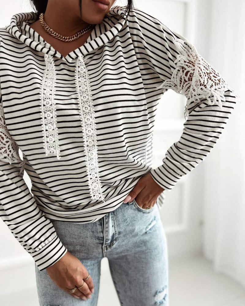 Striped Contrast Floral Lace Patchwork Long Sleeve Pullover Casual Lace Drawstring Hoodie Sweatshirt