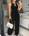 Rhinestone Decor O-neck Sleeveless Pleated Overalls Elegant Cinched Waist Zipper Back Wide Leg Jumpsuit with Hollow Water Drop