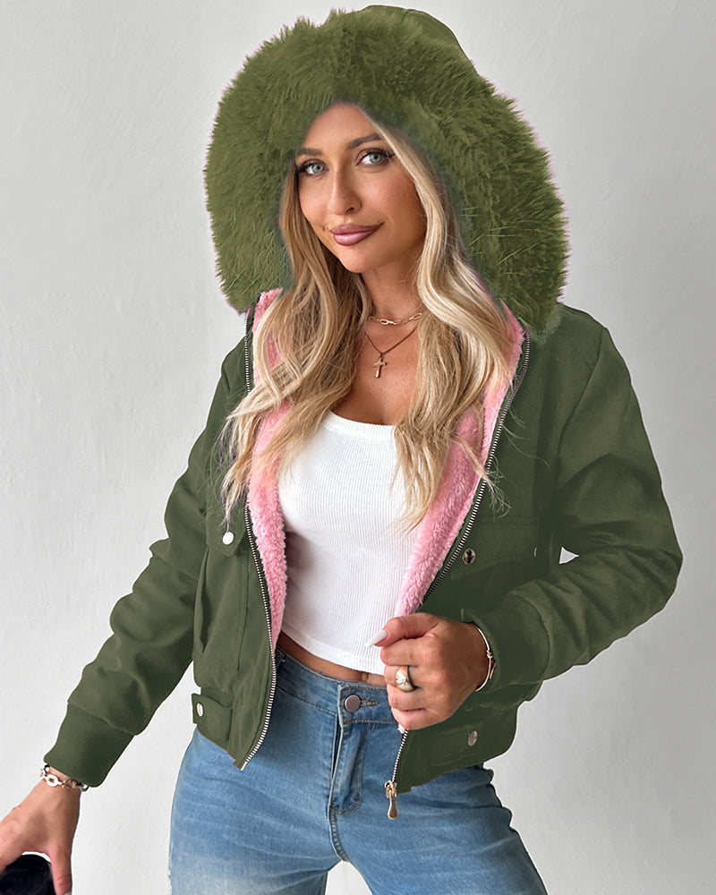 Fuzzy Trim Jacket Hooded Zip Up Fleece Lined Coat Outwear with Pockets